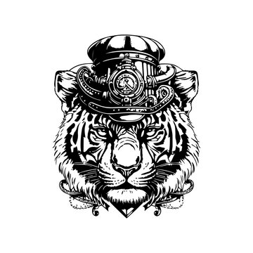 tiger wearing indian chief head accessories collection set hand drawn illustration