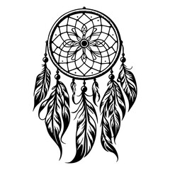 A Hand drawn illustration of a dream catcher with feather and bead details in black and white line art - obrazy, fototapety, plakaty
