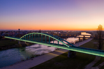 Evening view of The Hendrix Bridge in Zagreb, Croatia. The Bridge Illuminated with Lights.