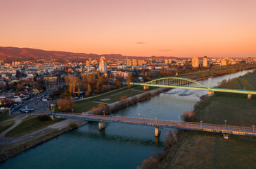 Old Sava Bridge, The Hendrix Bridge in Zagreb, Croatia. Beautiful Cityscape and Sunset Light in Background.
