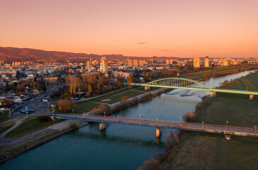 Fototapeta premium Old Sava Bridge, The Hendrix Bridge in Zagreb, Croatia. Beautiful Cityscape and Sunset Light in Background.