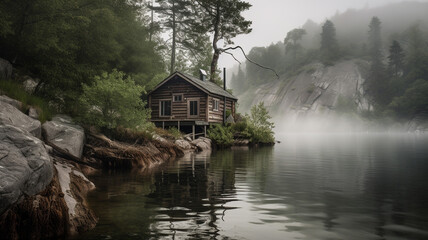 Fototapeta na wymiar Cabin on the edge of the water in beautiful nature created with Generative AI