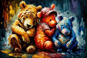 A Bold and Colorful Oil Painting of a Tiger and Two Bears, Generative Ai