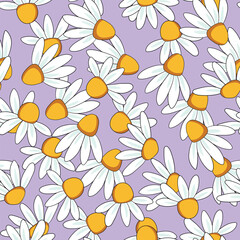 Seamless floral pattern based on traditional folk art ornaments. Colorful chamomile, daisy flowers on color background. Scandinavian style. Vector illustration. Simple minimalistic pattern