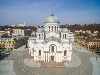 KAUNAS, LITHUANIA - APRIL 1, 2017: Kaunas Cityscape with Famous Church in Laisves Avenue. Soboras. St. Michael the Archangel Church,