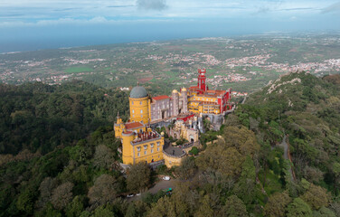 Palace of Pena in Sintra. Lisbon, Portugal. Part of cultural site of Sintra City. Drone Point of View