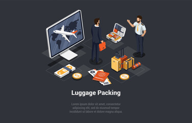Luggage Pack Concept. Character Packing Suitcase To Go On Trip. Boy Is Talking To Aircraft Captain To Get Information, Services During Flight, Journey In Aircraft. Isometric 3D Vector Illustration