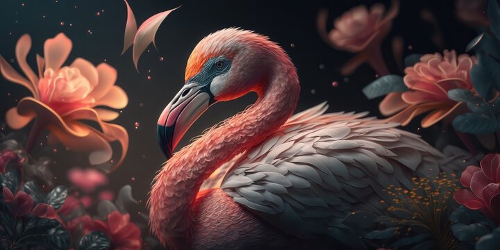 Illustration of a floral type Flamingo, close up Flamingo tail with flowers on dark background, beautiful close up Flamingo HD walpaper
