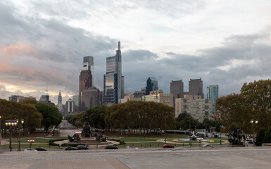 Fototapeta premium Philadelphia City Center and Business District Skyscrapers. Pennsylvania. Cloudy Blue Sky. Philadelphia Downtown. Morning Traffic in Background