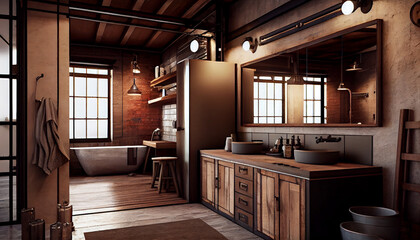Industrial Chic Bathroom Combining Rustic and Modern Elements Generative Ai