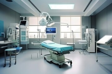 Fototapeta na wymiar Blue Examination Room in a Hospital or Clinic for technology healthy