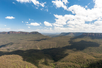 Blue Mountains in Sydney, Australia. Cloudy Blue Sky and Shades, Wide Angle.