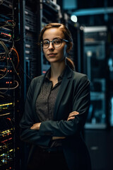 Retrato mulher especialista engenheira de neg&oacute;cios tecnologia da informa&ccedil;&atilde;o computa&ccedil;&atilde;o engenheira especialista data center banco de dados servidor tecnologia business big data IA Generativa