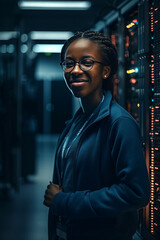 Retrato mulher negra especialista engenheira de neg&oacute;cios tecnologia da informa&ccedil;&atilde;o computa&ccedil;&atilde;o engenheira especialista data center banco de dados servidor tecnologia business big data IA Generativa