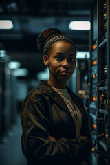 Fototapeta premium Retrato mulher negra especialista engenheira de negócios tecnologia da informação computação engenheira especialista data center banco de dados servidor tecnologia business big data IA Generativa