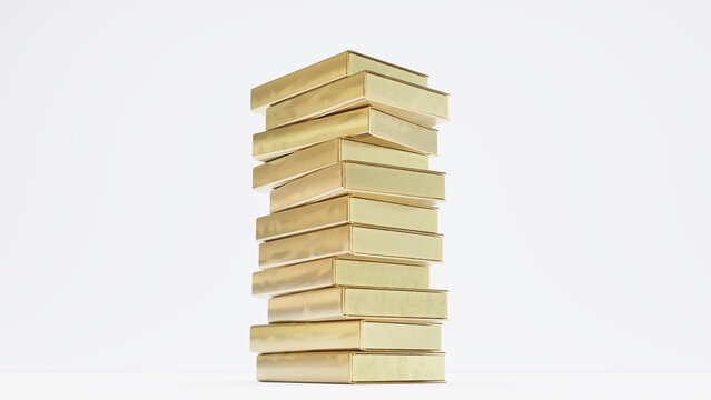 3d render of stack of golden books isolated on white on background,