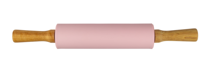 Pink rolling pin with wooden handles isolated