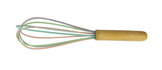 Pink, blue and green silicon bakery and culinary whisk isolated from background
