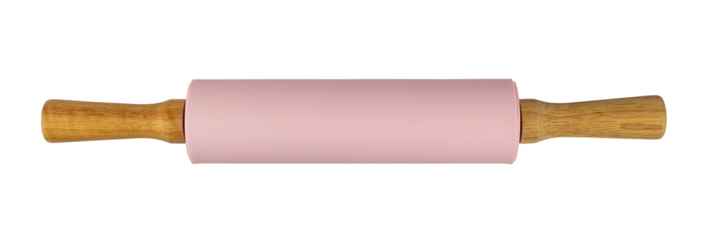 Pink rolling pin with wooden handles isolated