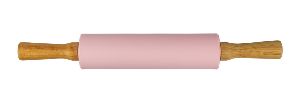 Pink rolling pin with wooden handles isolated
