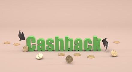 cashback, golden coins, promotion, cash back background, promotional flyer (3d illustration)