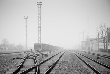 Railroad in Misty Landscape. Mazeikiai City in Lithuania.