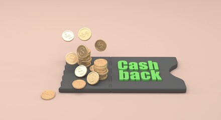 cashback, golden coins, promotion, cash back background, promotional flyer (3d illustration)