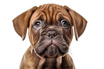 Bordeaux puppy dog sitting in front view with open lips. isolated against a white background. Generative AI