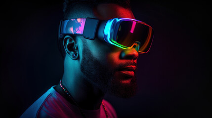 Fototapeta na wymiar Portrait of African-American man wearing virtual reality headset. Vivid colors neon glowing HMD generative ai