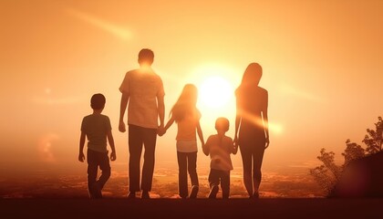 Fototapeta na wymiar Happy family parents and children holding hands on a mountaintop staring at the sunset Generative AI Illustration