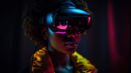 Fototapeta na wymiar Portrait of African-American woman wearing virtual reality headset. Vivid colors neon glowing HMD generative ai