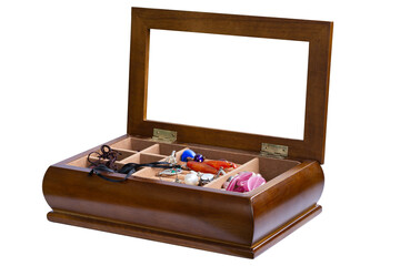 Opened wooden jewelry box with women's jewelry