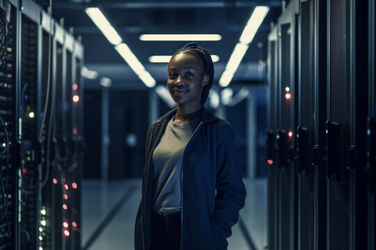 Retrato mulher negra especialista engenheira de negócios tecnologia da informação computação engenheira especialista data center banco de dados servidor tecnologia business big data IA Generativa