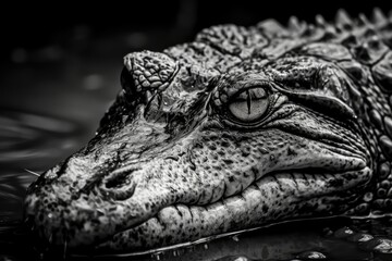 Aligator's stare from the river, black and white. Generative AI