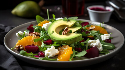A Perfect Looking Arugula Salad with Mozzarella, Avocado, Beetroot, Walnuts, and Oranges - A Feast...