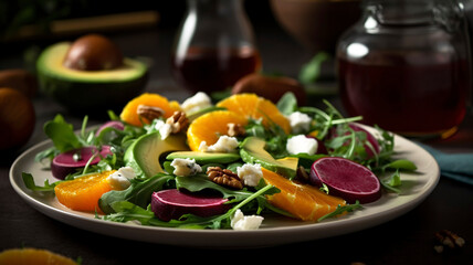 Gourmet Arugula Salad with Mozzarella, Avocado, Beetroot, Walnuts, and Oranges - A Tasty and Nutritious Meal for Foodies!