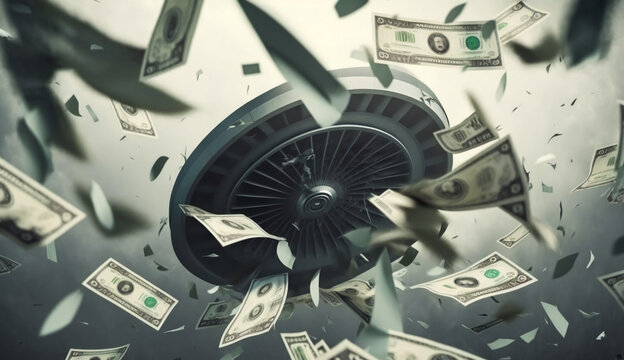 Dollar bills flying on the ground with a turbine in the background, emergency situation, crash, stock exchange broke, bankruptcy