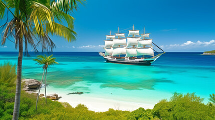 Obraz premium Sailing ship on a tropical island