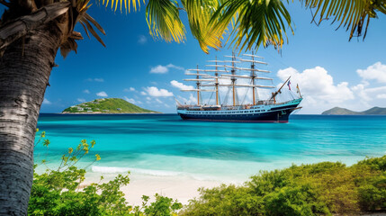 Sailing ship on a tropical island