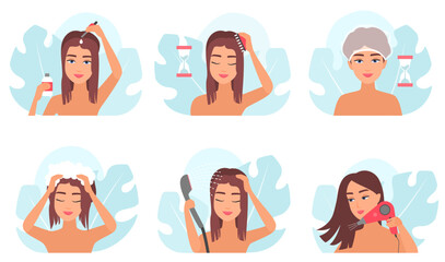 Hair beauty treatment, steps of spa procedures set vector illustration. Cartoon girls apply oil essence, massage with comb and wash with water and shampoo in shower, dry wet hair with hairdryer