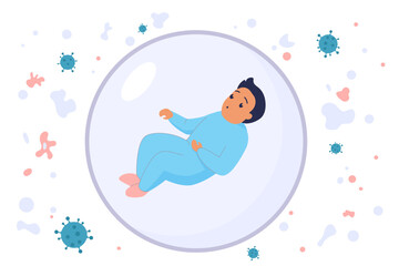 Child in safety bubble for health protection vector illustration. Cartoon newborn baby inside protective shield, medical protection for kids from viruses, allergy and infection, respiratory disease