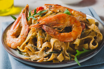 Pasta with Shrimp and Cream Sauce, Italian Cuisine, Mediterranean Food