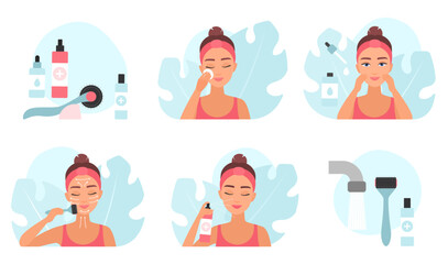 Roller massage guide steps for aging skin vector illustration. Cartoon portrait of girls cleansing face with cotton pads, applying moisturizing serum for massage along facial lines with roller at home