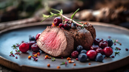 A closeup of a perfectly cooked venison tenderloin fillet steak with mushrooms and berries, ideal for food menus and cookbooks. - obrazy, fototapety, plakaty