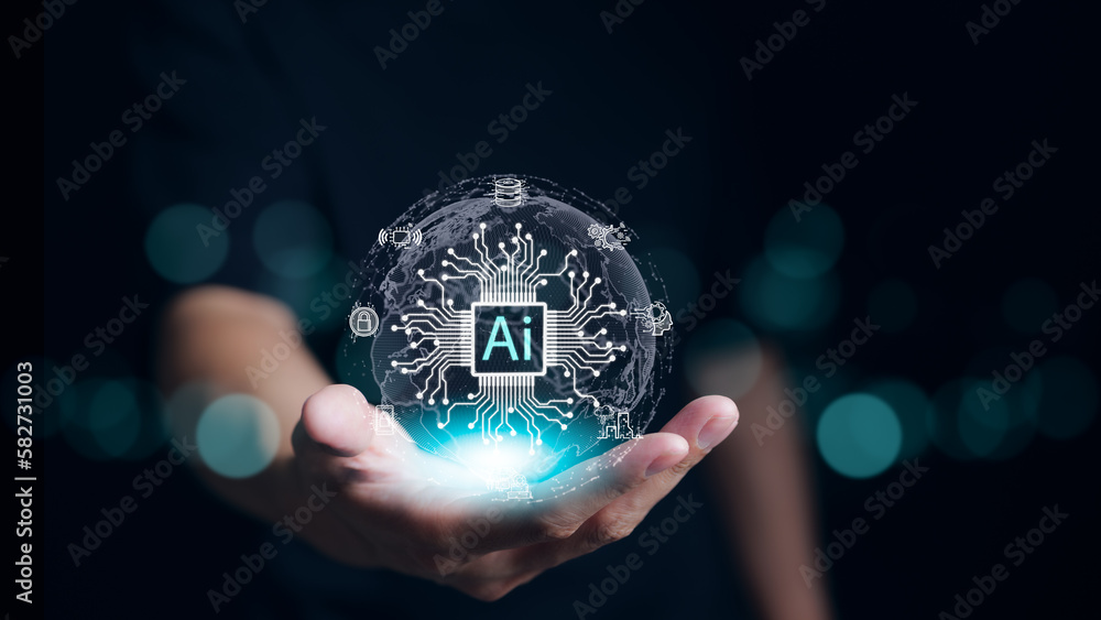 Poster ai, the concept of artificial intelligence use analytics, automation, and an autonomous brain. big d