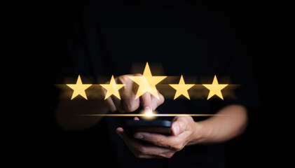 Customer review satisfaction feedback survey concept. User give rating to service excellent experience on mobile phone application, Client evaluate quality of service reputation ranking of business. - obrazy, fototapety, plakaty
