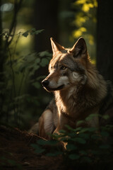 Fototapeta premium Lone wolf in summer forest, backlit in the golden hour, Generative AI