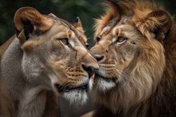 Fototapeta na wymiar There's a lot of love in the air. At Masai Mara, Kenya, an African Lion pair was photographed. Dark and dramatic photo of a wild lion, suitable for posters, wallpapers, or printing on home or office w