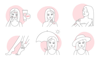 Application of sunscreen, skincare instructions thin line icons set vector illustration. Outline girls apply sunblock cream or lotion on skin of face and body, female characters use umbrella and hat