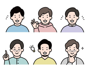 男性のアイコンセット　ポジティブな表情　カラー